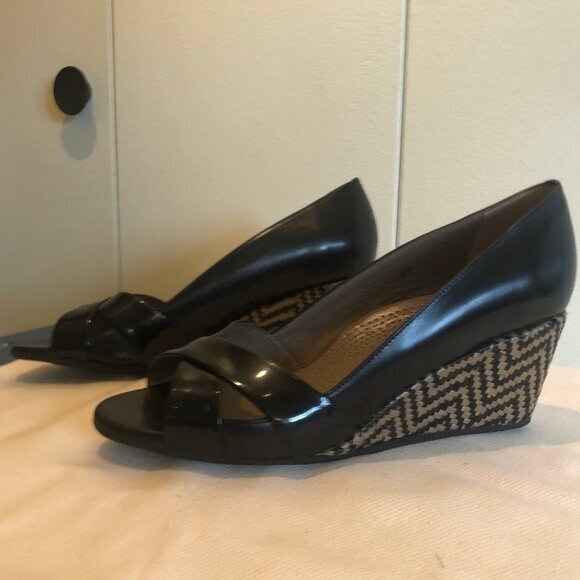 Anyi Lu Daphne black leather wedges w/ woven heels sz 39 - Picture 10 of 12